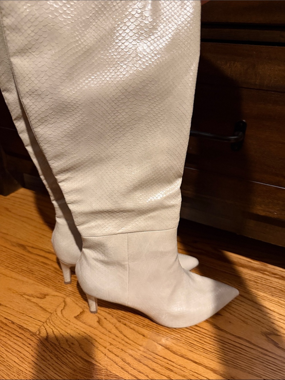 a new day Cream Pointed-Toe Knee-High Heeled Boots